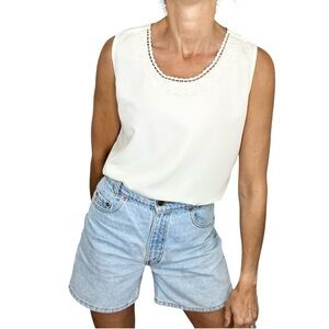 Vintage 80s 90s Betas Choice cream sleeveless embroidered neckline blouse top M